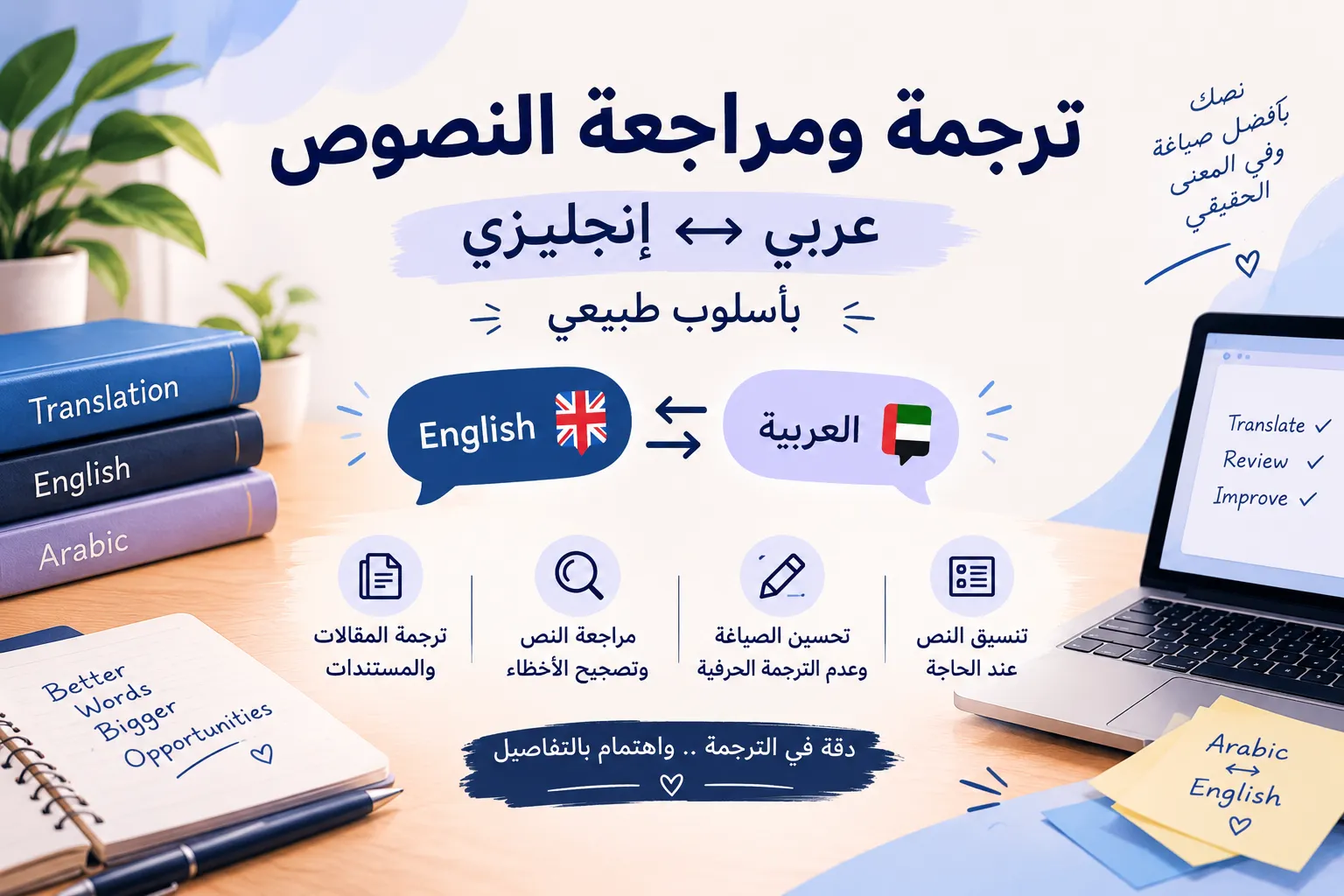 ترجمة ومراجعة النصوص عربي ↔ إنجليزي بأسلوب طبيعي